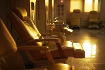 Poster - A row of chairs in a hospital room setting, often used as a waiting area for visitors or a place for family and friends to sit with patients