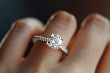 Poster - Close-up shot of a person's hand holding a diamond ring, perfect for wedding or engagement purposes