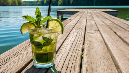 A refreshing mojito on a sunlit dock by a serene lake