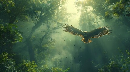 Canvas Print -   A majestic bird soars through lush green forest, where countless feathered friends fill the sky