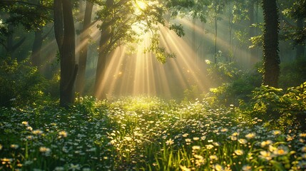 Sticker -   The sun illuminates the forest, casting light through the daisy-filled undergrowth