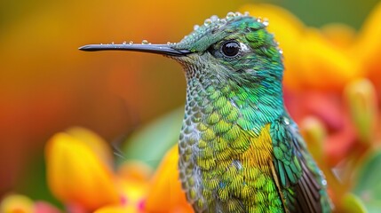 Wall Mural -    a bird perched on a flower with droplets on its head and a crisp background