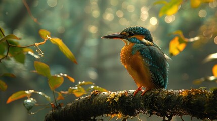 Canvas Print -   A vibrant bird sat on a tree limb amidst lush greenery and golden foliage