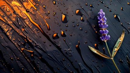 Wall Mural - Elegant lavender flower on a dark surface with water droplets and golden light, perfect for backgrounds and artistic designs. Ideal for nature lovers. AI