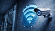 © missisya - Modern surveillance camera with wireless connection symbol on a concrete wall, symbolizing advanced security technology.