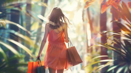 Wall Mural - beautiful woman with shopping bags walking backwards with nature in the background