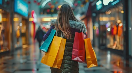 Wall Mural - beautiful woman with shopping bags walking backwards with nature in the background