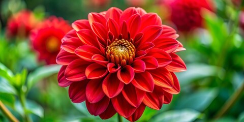 Wall Mural - A Single Red Dahlia in Bloom, Close Up Photography, Macro shot of flower, red petals, garden, nature, dahlia