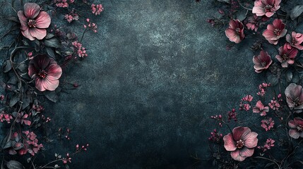 Canvas Print - Dark Blue Background with Pink Flowers and Leaves