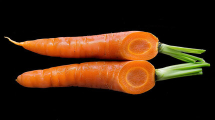   A close-up of two carrots, one halved and the other sliced, on a black background