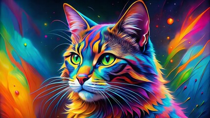 Wall Mural - Cosmic Cat Vibrant Portrait in Abstract Style, digital art, cat, portrait, abstract, neon