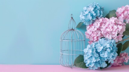 Sticker - Hydrangea flowers and cage on pink blue background for interior decoration