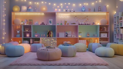 Poster - A playful and creative living room setup with pastel-colored poufs, fairy lights strung across a low ceiling, and a wall of pastel-colored bookshelves filled with books and trinkets.