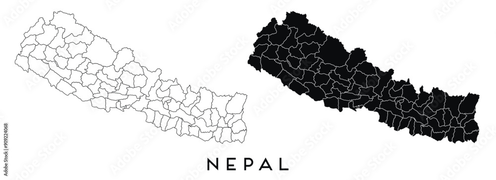 Nepal map of regions districts vector black on white and outline Stock ...