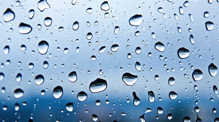 Poster -   Drops of water on a window with a blue sky in the background of an image