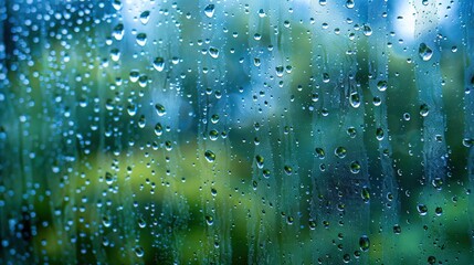 Sticker -   A photo of a rain-splattered window with a hazy backdrop of woods