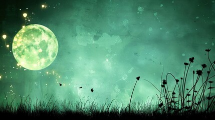 Sticker -  Full moon in sky, field of flowers in foreground, grass in fg