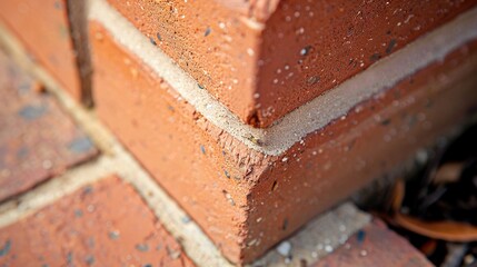 Sticker -   A tight shot of a brick building's corner with water on the bricks and ground