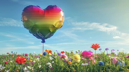 Poster - A single large heart-shaped balloon in layered rainbow colors anchored in a field of flowers, symbolizing love rooted in nature and beauty.