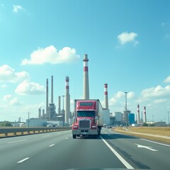 photo of truck on highway road and factory in background, generative ai