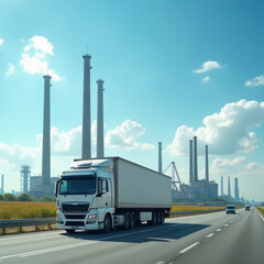 photo of truck on highway road and factory in background, generative AI