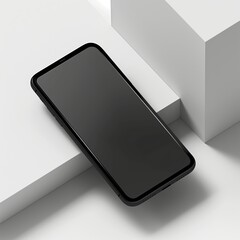 A modern smartphone with a blank screen displayed on a minimalist white geometric background, perfect for mockups and presentations.