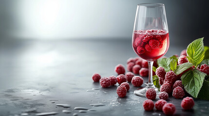 A wine glass of raspberry juice surrounded with raspberry fruits