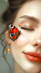 Wall Mural - Close-up of a serene woman with a beautiful butterfly resting on her face. Soft light portrait highlighting natural beauty and delicate details. Ideal for fashion, beauty, and nature concepts. AI