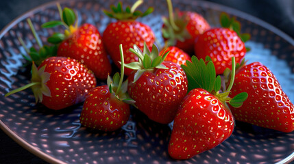 Sticker -   A macro shot of a strawberry plate with verdant foliage on top of one berry