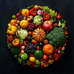 Wall Mural - A vibrant, colorful collection of fruits and vegetables in a circular arrangement. Perfect for health, nutrition, and organic-themed content. AI.