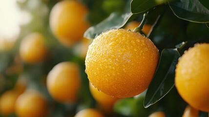 Wall Mural - Fresh Oranges on Tree with Dewdrops
