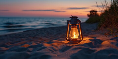 Canvas Print - Golden Hour Tranquility: An antique lantern casts a warm glow on a serene beach as the sun dips below the horizon, painting the sky in hues of orange and purple. 