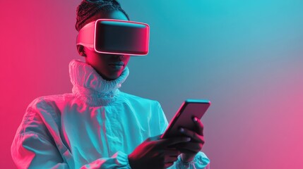 A person immersed in virtual reality using a VR headset and smartphone, captured with a cherry-red glow, emphasizing cutting-edge technology and digital exploration.