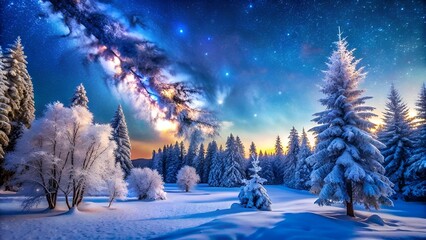 Wall Mural - showcasing a vibrant summer scene with lush greenery and a clear blue sky on one side, transitioning into a snowy winter wonderland with frosted trees and a starry night on the other.