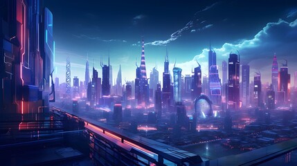 Wall Mural - Futuristic city panorama at night. 3d render illustration