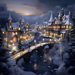 Wall Mural - Fantasy winter landscape with snow covered trees, bridge and houses.