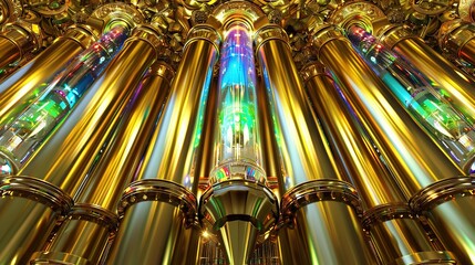 Canvas Print -   A macro shot of an enormous metallic tube housing a kaleidoscopic colored glass pane