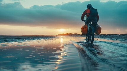 a male cyclist rides near the sea