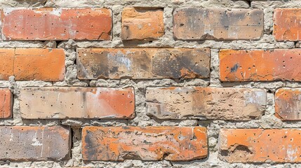 Wall Mural -   Red-brown brick wall, up-close, chipped edges, peeling paint