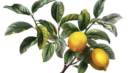 Vintage Botanical Illustration of a Lemon Branch with Two Lemons Isolated on White Background, lemon tree, citrus fruit, botanical art, botanical illustration