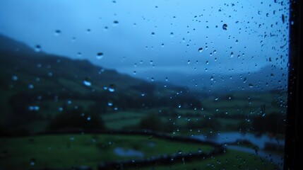 Sticker -   Raindrops on train window during countryside travel on cloudy day