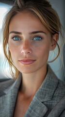 Wall Mural - A woman with blue eyes and a tan complexion is smiling at the camera