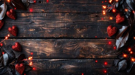   Wooden table with red hearts, leaves, and string lights