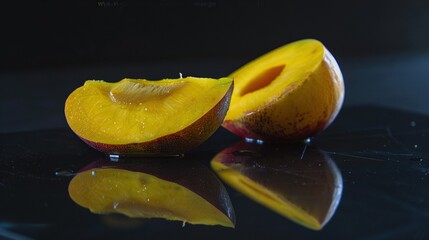 Poster -   A fruit placed on a table adjacent to a partially bitten fruit