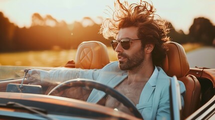 Young man driving in a convertible sports car photo from behind with copy space Pro Photo