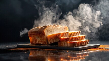 Sticker -   A loaf of bread sits atop a cutting board adjacent to a stack of bread emitting smoke