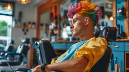 Wall Mural - Man with colorful hairstyle in beauty salon wallpaper background