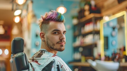 Wall Mural - Man with colorful hairstyle in beauty salon wallpaper background