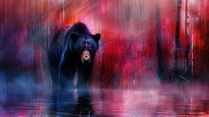 Wall Mural -   A black bear roams through a vibrant forest of red and purple trees with water reflecting its image in the foreground