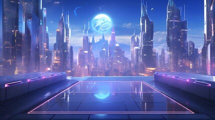 Wall Mural - 3D rendering of a futuristic city with neon lights in the background